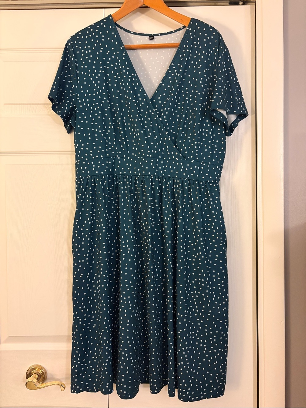 Teal Polka Dot Midi Dress with Wrap V-Neck